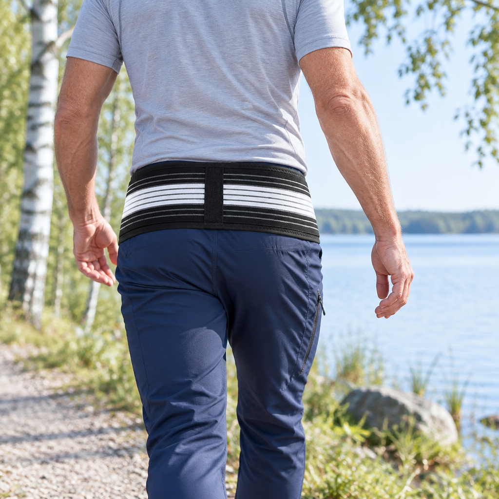 Man promenerar vid en sjö med SI-bälte runt höfterna