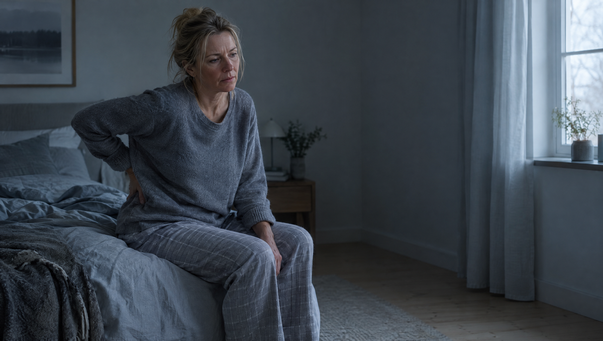 Kvinna sitter på sängkanten med handen mot ländryggen